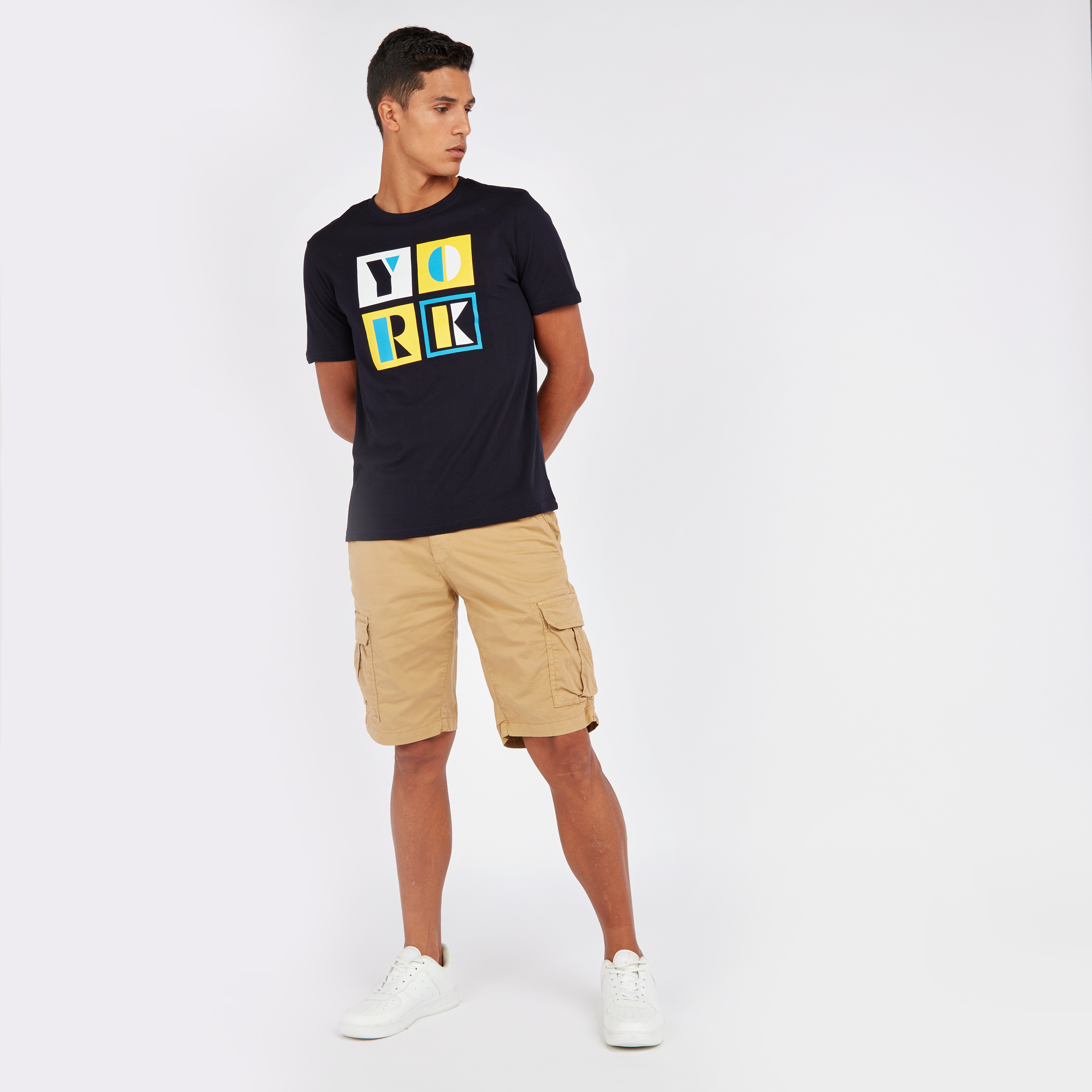 Shop Solid Mid Rise Cargo Shorts with Pocket Detail Online Max Bahrain