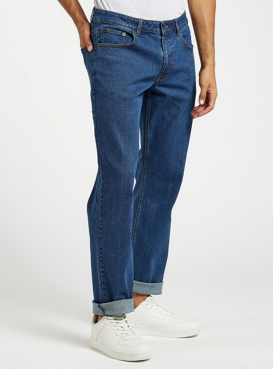 Full Length Solid Mid-Rise Jeans with Pocket Detail and Belt Loops