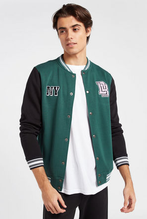 Colourblock Varsity Jacket with Button Closure and Long Sleeves