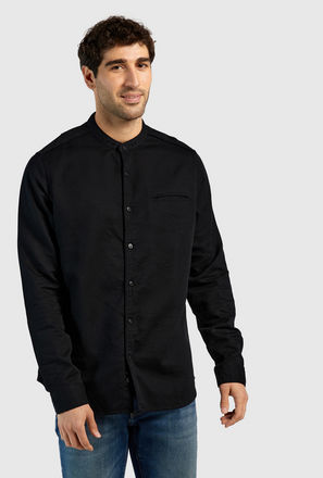 Solid Slim Fit Shirt with Long Sleeves and Chest Pocket