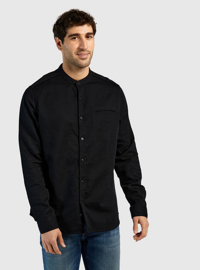 Solid Slim Fit Shirt with Long Sleeves and Chest Pocket
