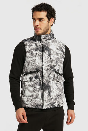 All-Over Print Sleeveless Jacket with Pockets and Zip Closure