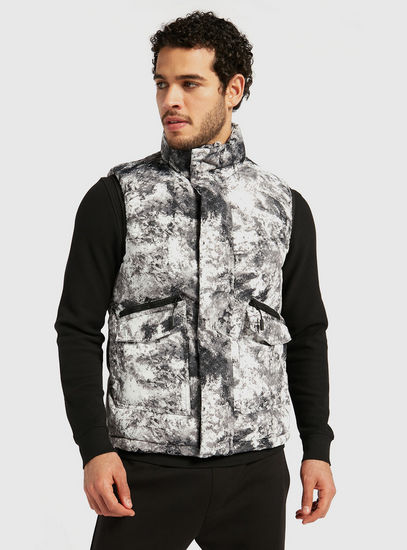 All-Over Print Sleeveless Jacket with Pockets and Zip Closure