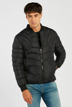Solid Puffer Bomber Jacket with Long Sleeves and Pockets