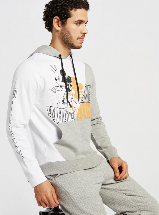 Mickey Mouse Print Hooded Sweatshirt with Long Sleeves and Panel Detail