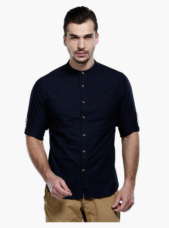 Shop Roll Up Sleeves Shirt with Mandarin Collar in Slim Fit Online ...