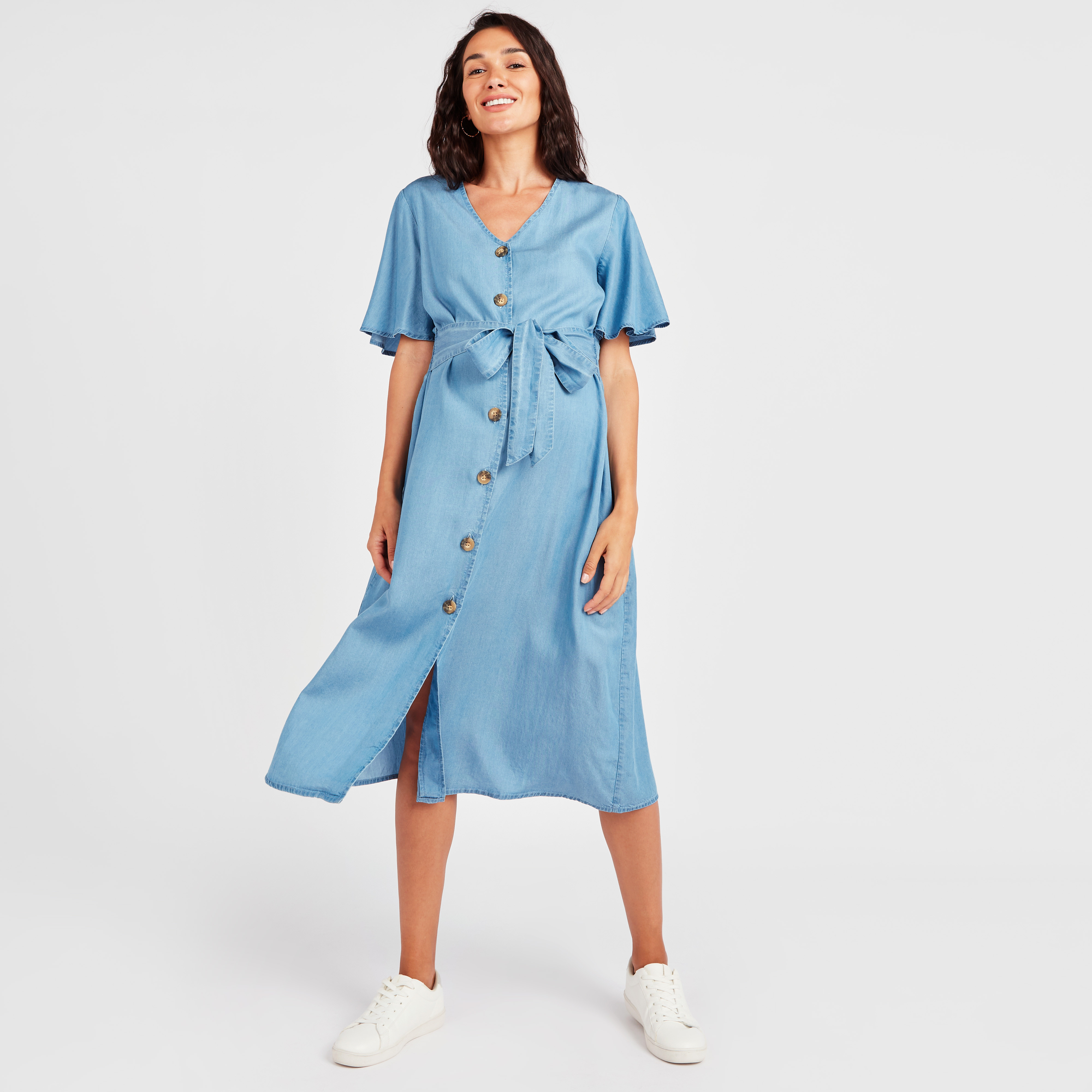 Light Blue Square Neck Smocked Denim Maternity Dress– PinkBlush