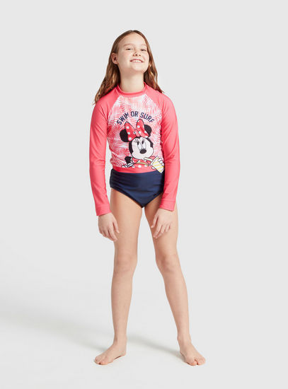 Minnie Mouse Printed Swimsuit with Long Sleeves and Zip Closure