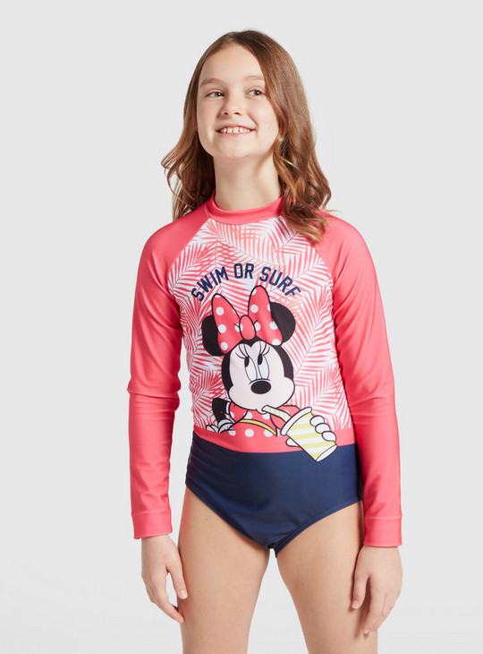 Minnie Mouse Printed Swimsuit with Long Sleeves and Zip Closure