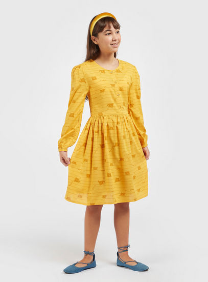 Cat Print Knee-Length Dress with Long Sleeves