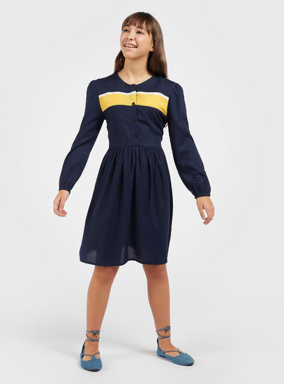 Colourblock Knee Length Dress with Long Sleeves