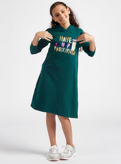 Embellished Midi Sweatshirt Dress with Long Sleeves and Hood