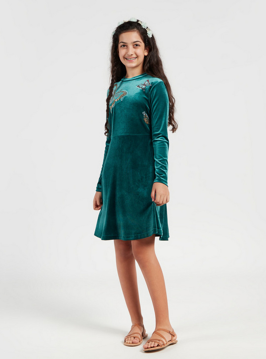 Embellished Knee Length Velour Dress with Long Sleeves