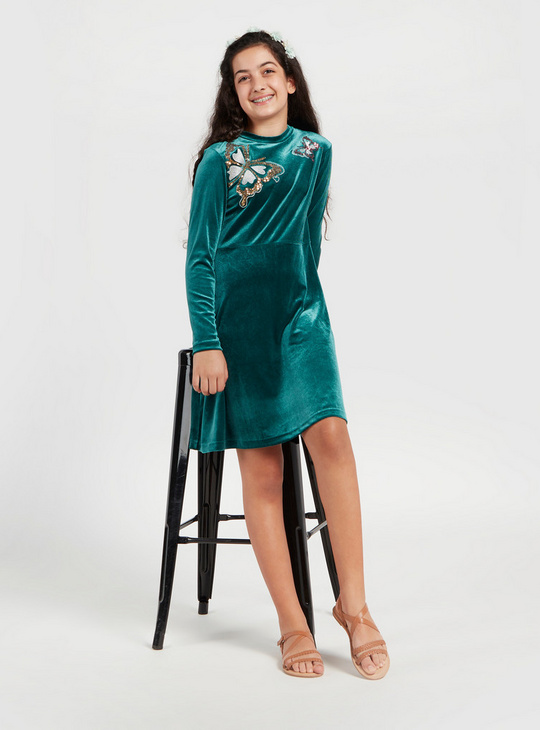 Embellished Knee Length Velour Dress with Long Sleeves