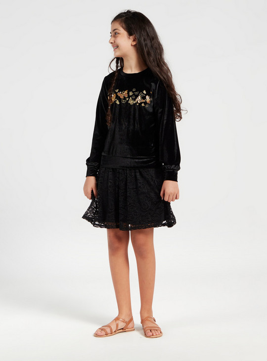 Butterfly Embellished Dress with Round Neck and Long Sleeves