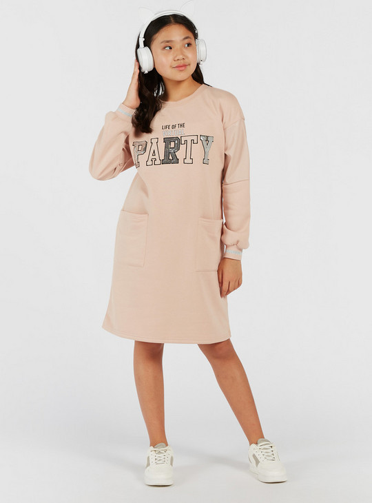 Graphic Print Sweat Dress with Long Sleeves and Pockets