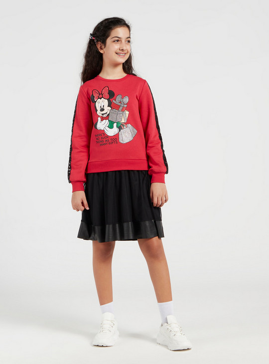 Minnie Mouse Print Sweat Dress with Long Sleeves and Sequin Detail