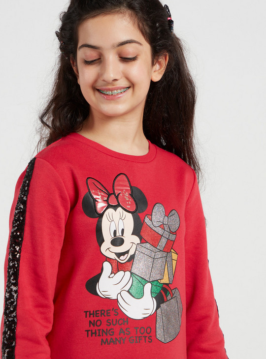 Minnie Mouse Print Sweat Dress with Long Sleeves and Sequin Detail