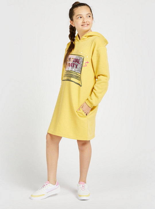 Sequin Detail Knee-Length Sweatshirt Dress with Hood and Long Sleeves