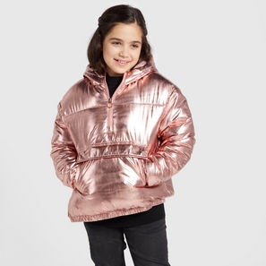 Metallic Puffer Jacket with Hood and Pockets
