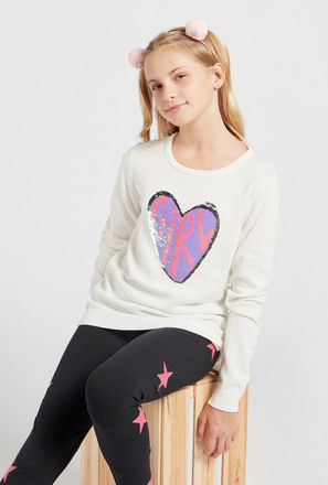 Heart Embellished Sweater with Round Neck and Long Sleeves
