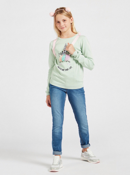 Unicorn Embellished Sweater with Round Neck and Long Sleeves