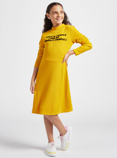 Textured Dress with High Neck and Long Sleeves