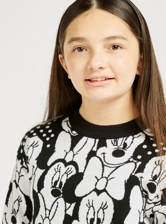 All-Over Minnie Mouse Print Sweater with Round Neck and Long Sleeves