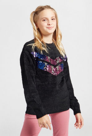 Embellished Sweater with Round Neck and Long Sleeves