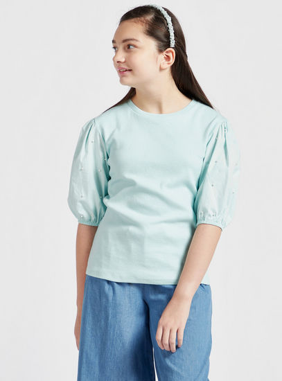 Ribbed T-shirt with Round Neck and Embellished Short Sleeves