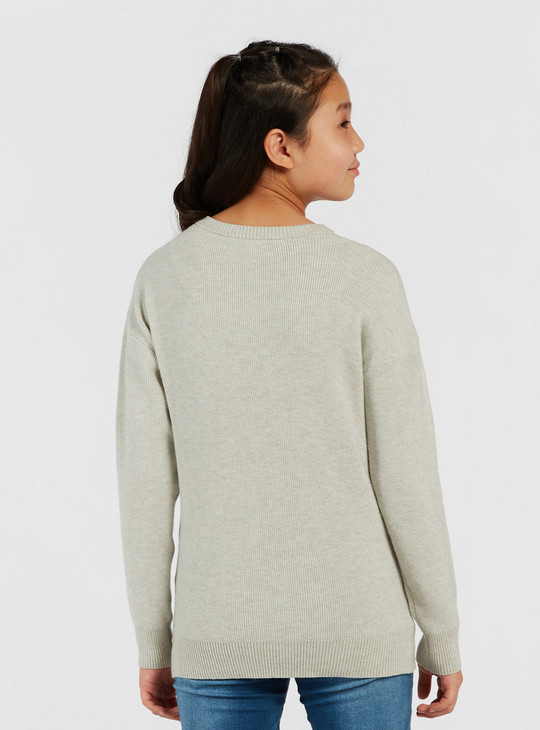 Text Embroidered Sweater with Round Neck and Long Sleeves