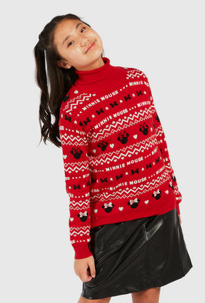 All-Over Minnie Mouse Textured Sweater with Turtle Neck and Long Sleeves