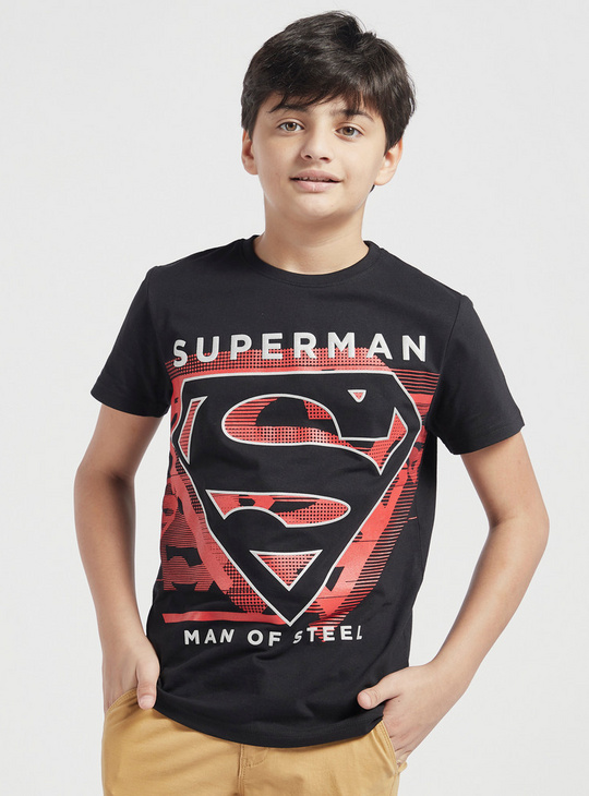 Superman Logo Print T-shirt with Round Neck and Short Sleeves