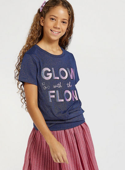 Glitter Accent Twist T-shirt with Round Neck and Short Sleeves