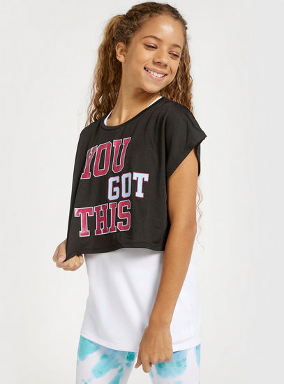Text Print Twofer T-shirt with Round Neck and Cap Sleeves
