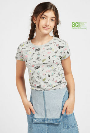 Slogan Print BCI Cotton T-shirt with Round Neck and Cap Sleeves