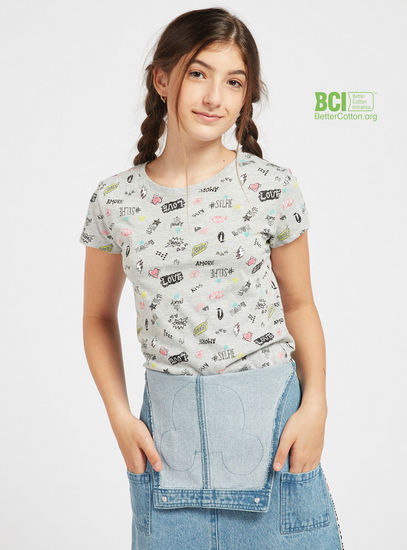 Slogan Print BCI Cotton T-shirt with Round Neck and Cap Sleeves-T-shirts-image-0