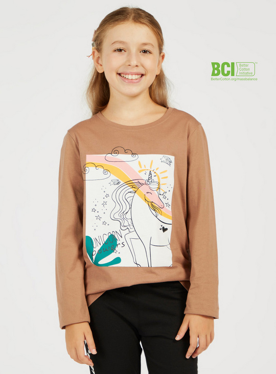 Unicorn Print BCI Cotton T-shirt with Round Neck and Long Sleeves