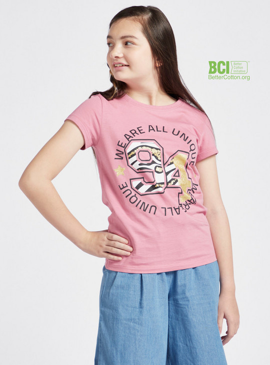 Typographic Print BCI Cotton T-shirt with Round Neck and Cap Sleeves