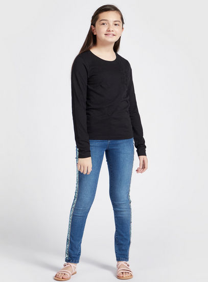 Solid BCI Cotton T-shirt with Long Sleeves and Lace Pocket Detail