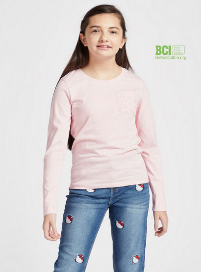 Solid BCI Cotton T-shirt with Long Sleeves and Schiffli Detail Pocket