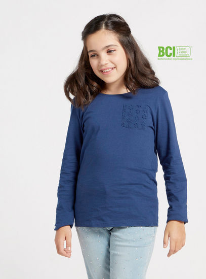 Solid BCI Cotton T-shirt with Long Sleeves and Schiffli Detail Pocket