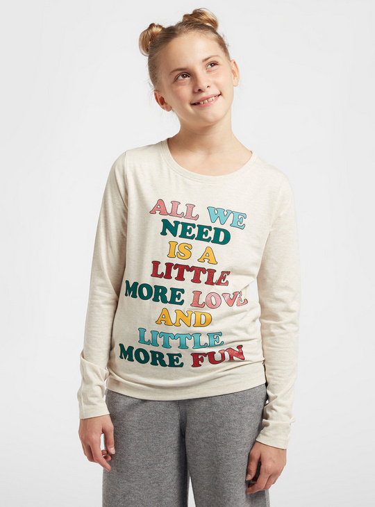 Typographic Print Round Neck T-shirt with Long Sleeves