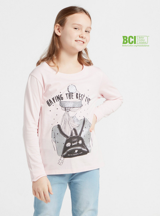 Graphic Print BCI Cotton Round Neck T-shirt with Long Sleeves