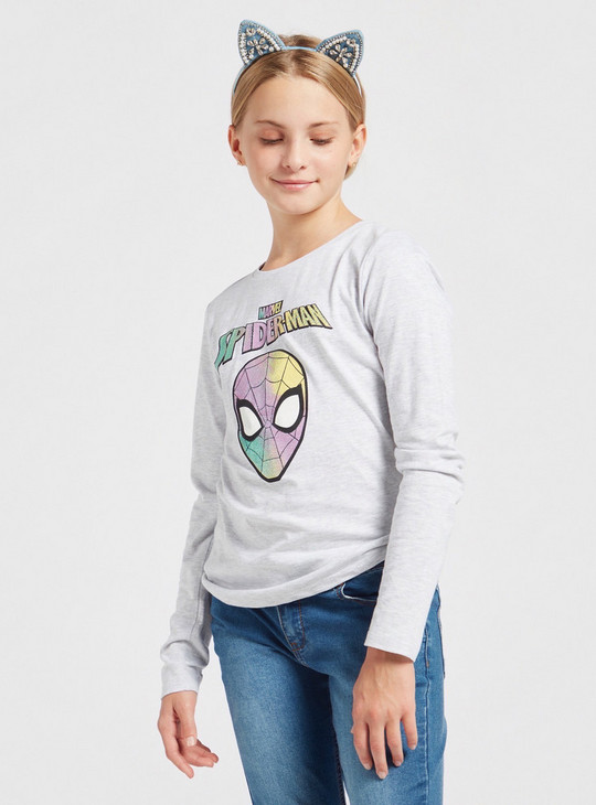 Spider-Man Print T-shirt with Round Neck and Long Sleeves