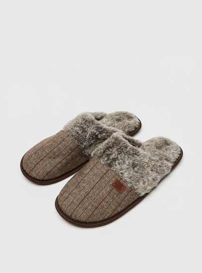 Chevron Print Bedroom Slide Slippers with Faux Fur Detail