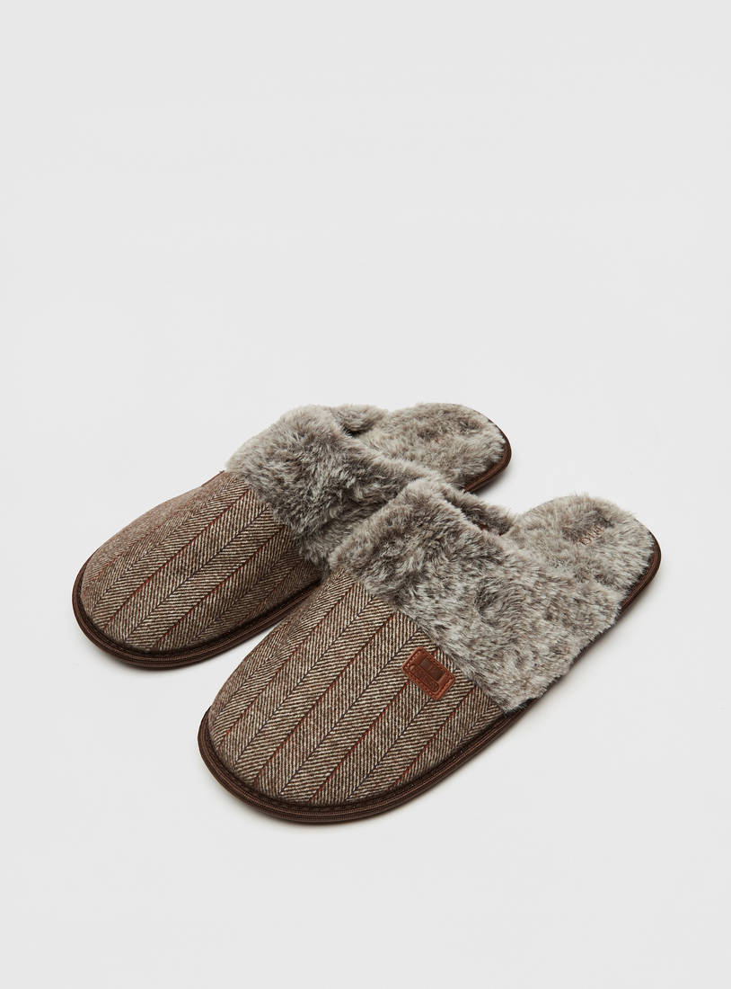 Chevron Print Bedroom Slide Slippers with Faux Fur Detail-Bedroom Slippers-image-1