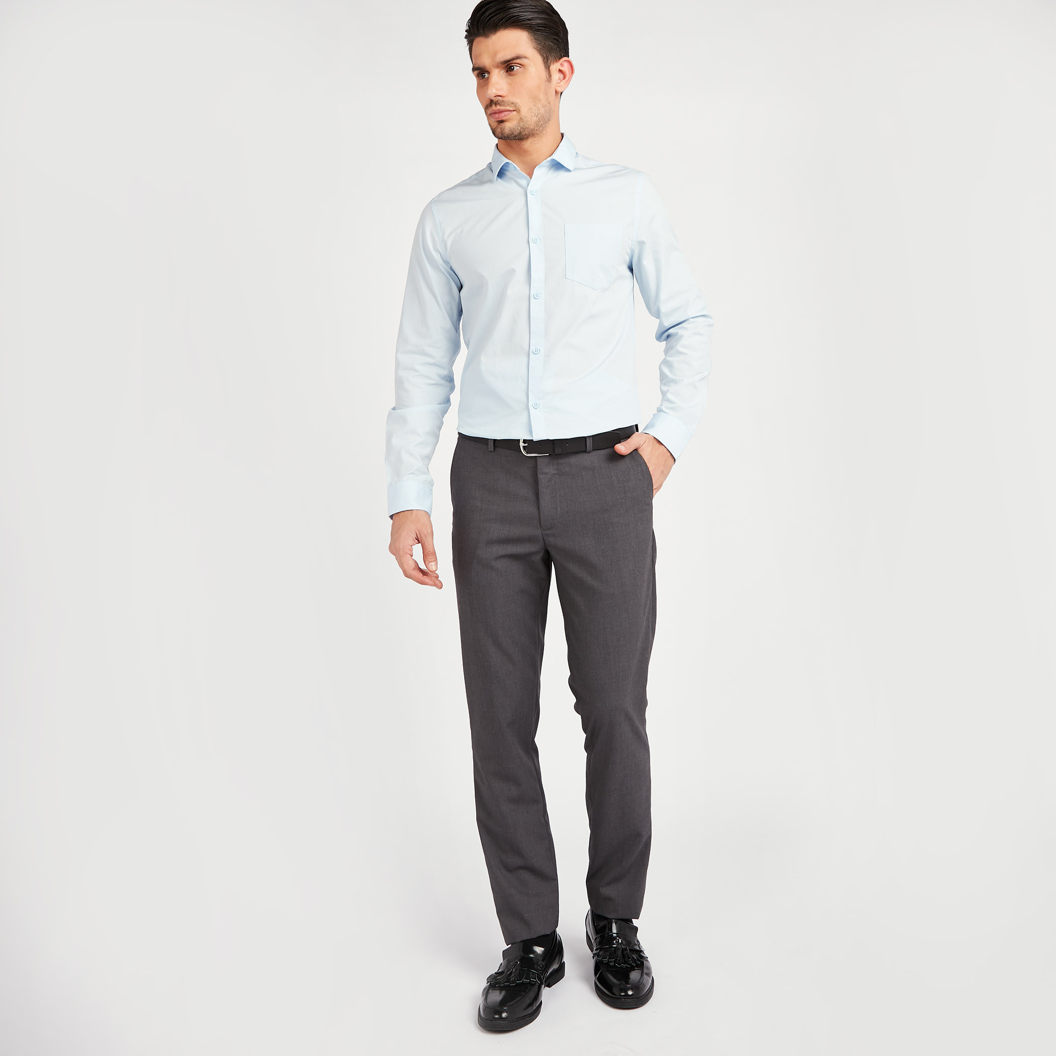 Berwich | Medium Grey Wool Fresco Flat Front Trousers – Baltzar