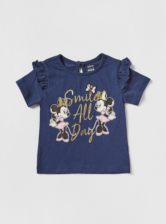 Minnie Mouse Print T-shirt with Ruffles and Short Sleeves