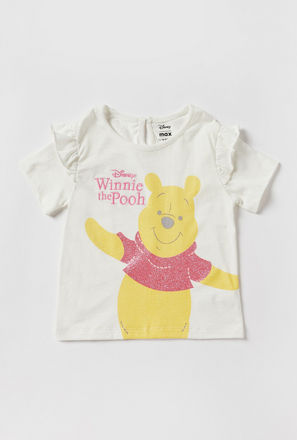 Winnie The Pooh Print T-shirt with Ruffles and Short Sleeves
